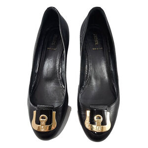 Fendi Black Leather Wedge Pumps Gold Logo Accent - IT Size 40 - US Size 10